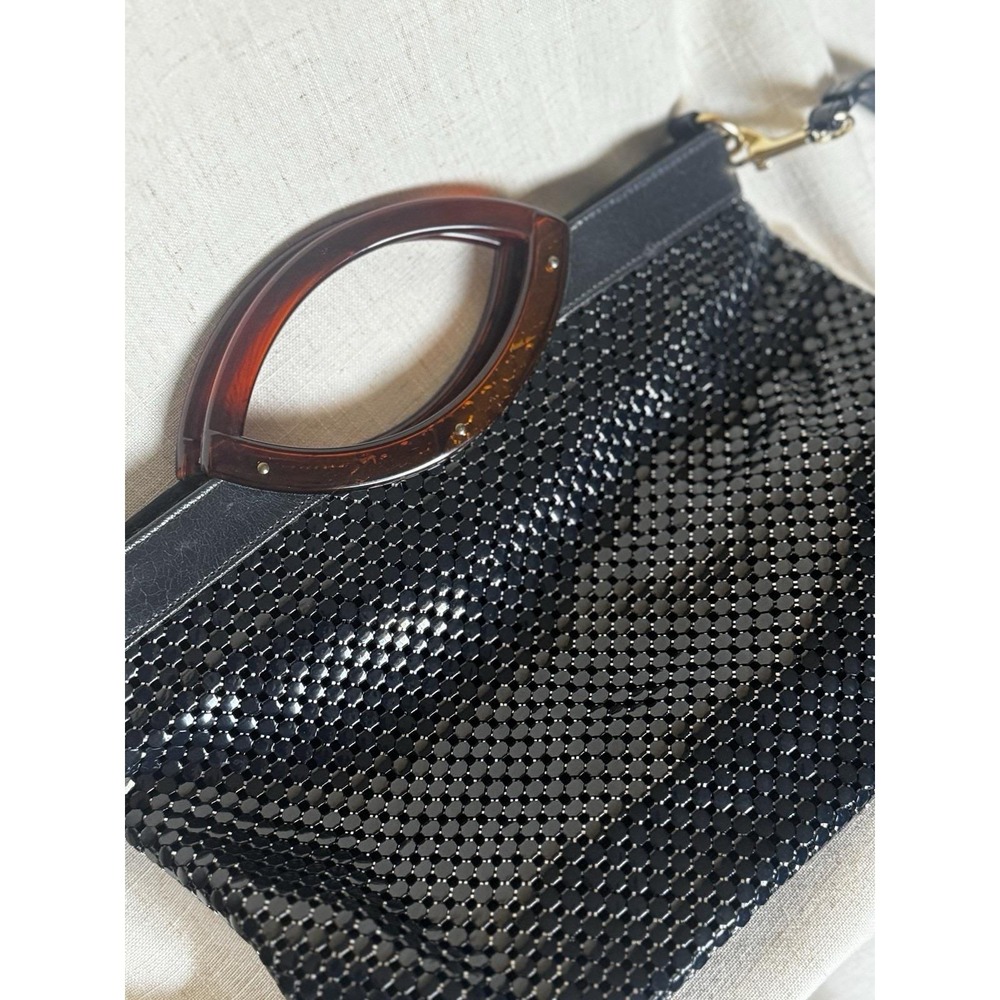 Whiting & Davis Vintage Navy Blue Mesh Handbag Tortoise Lucite Handle Crossbody